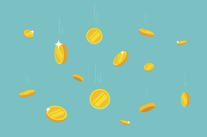 Coins money falling vector illustration, flat dropping gold coins